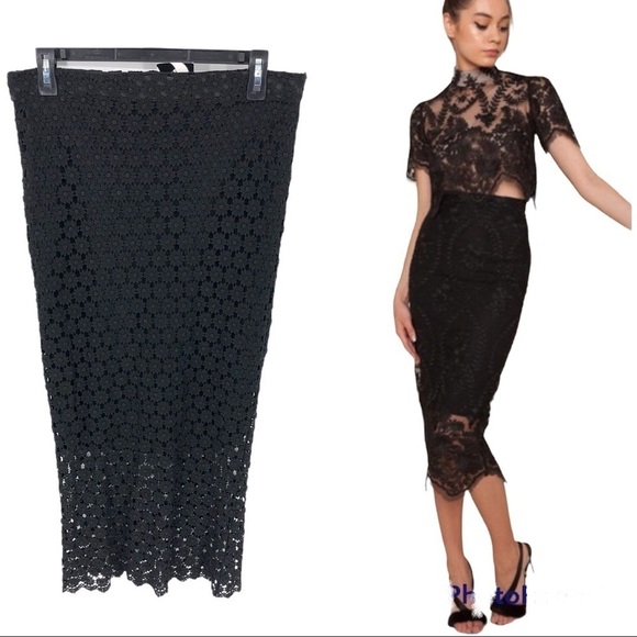 NWT Stone Cold Fox Floral Lace Black Midi Skirt Y2K Stretch Size Small